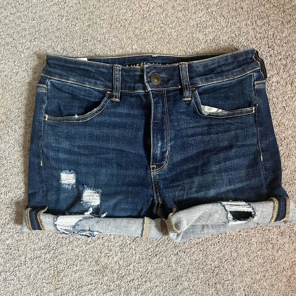 American Eagle Women’s Ripped Dark Blue Denim Shorts
